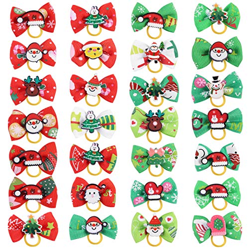 POPETPOP 30Pcs Arcos de Pelo de Perro de Navidad con Bandas de Goma Arcos de Curva de Perro Perro Gato Cachorro Mascota Bowknot Arcos Lazos para El Cabello Cuerdas Accesorios de Aseo de