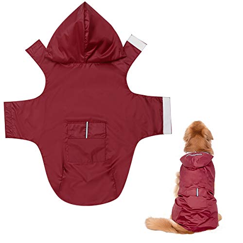 POPETPOP Chubasquero con Capucha para Perros Medianos y Grandes, Sudaderas Impermeable, Agujero para Arnés, Tira Reflectante, Bolsillos (Rojo, 5XL)