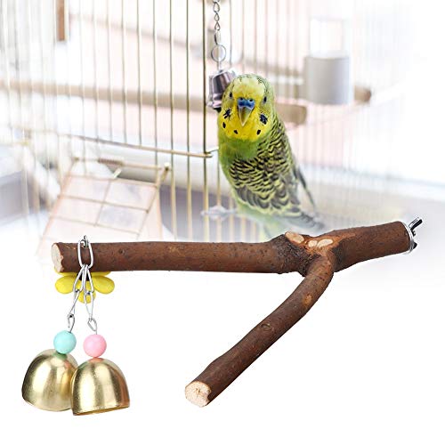 Poste de madera para loros, barra de soporte de rama de árbol de troncos naturales para pájaros domésticos, marco para percha, accesorios para jaulas para masticar y morder(Campana amarilla)