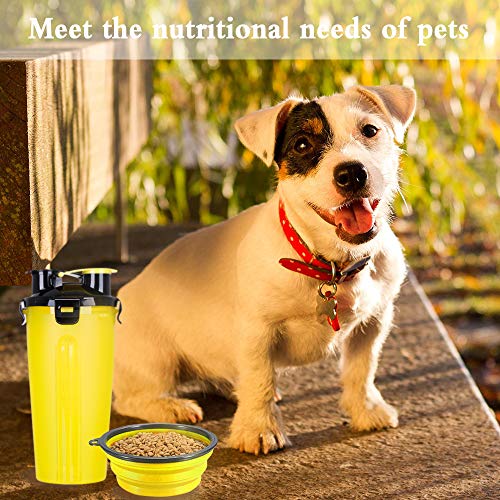 Powerking Botella de Agua para Perro, 350ml 2 en 1 PP para Mascotas, y Botella para Perro con 250 g Contenedor de alimento para Mascotas para Caminar/Viajar, tazones Plegables para Perros(Amarillo)