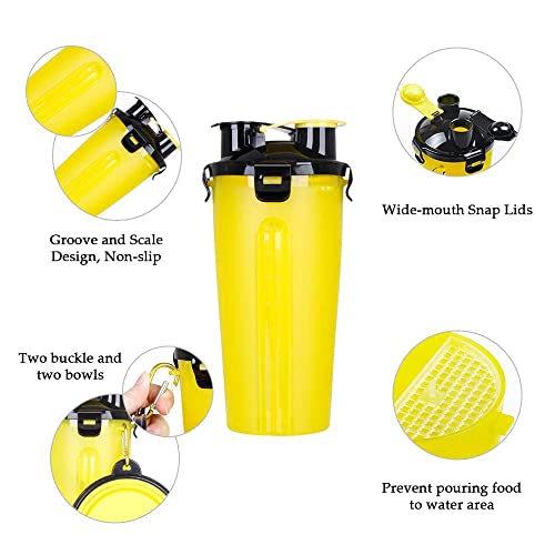 Powerking Botella de Agua para Perro, 350ml 2 en 1 PP para Mascotas, y Botella para Perro con 250 g Contenedor de alimento para Mascotas para Caminar/Viajar, tazones Plegables para Perros(Amarillo)