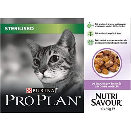 Pro Plan Nutrisavour esterilizado, en la Dinda en gelatina, 10 x 85 g, Bolsas de Comida para Gatos Adultos