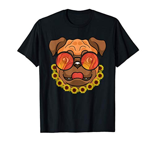 Pug Verano Girasol Animal Perro Con Gafas Mascota Carlino Camiseta