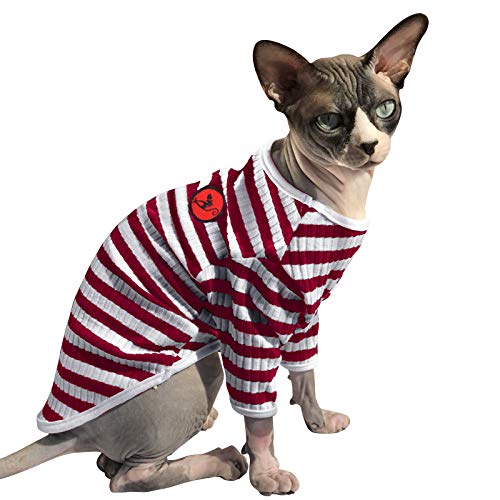 PUMYPOREITY Ropa para Gatos Esfinge, Jersey a Rayas Algodón Gato Chaleco Suéter para Invierno Ropa Cálido de Gato Abrigo Traje Camiseta Hairless Cat para Gatos/Pequeño Perros(Rojo, S)