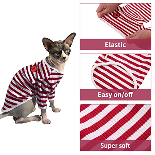 PUMYPOREITY Ropa para Gatos Esfinge, Jersey a Rayas Algodón Gato Chaleco Suéter para Invierno Ropa Cálido de Gato Abrigo Traje Camiseta Hairless Cat para Gatos/Pequeño Perros(Rojo, S)