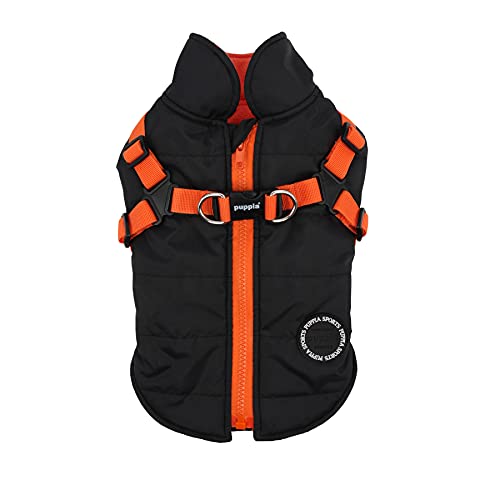 Puppia Abrigo para Perros Perros pequeños y medianos - Impermeable y con Forro Polar para un Calor Agradable - Abrigo para Perros con arnés, Color Negro y Naranja, XL