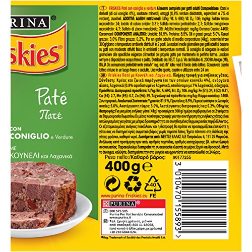 Purina Friskies Húmedo Gato Paté con Conejo y Verduras, 24 latas de 400 g, 24 x 400 g