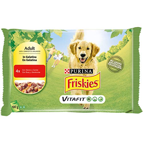 Purina Friskies Húmedo Perro Botes de gelatina con Carne y Zanahoria - 40 Sobres de 100 g Cada uno (10 Unidades de 4 x 100 g)