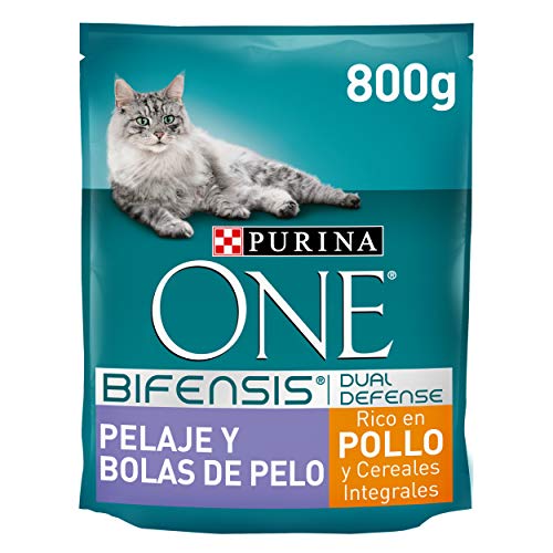 PURINA ONE Bifensis Pienso para Gatos Cuidado de Pelaje y Bolas de Pelo Pollo y Cereales 8 x 800 g