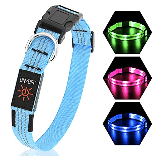 PZRLit Collar Luminoso Perro Recargable con 3 Modos de iluminación Collar Luz Perro Noche de Seguridad, Ajustable para Cachorros Pequeños, Medianos y Grandes Collar LED Perro Luminoso-Azul,Pequeño