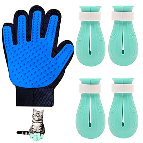 Qixuer 4 Piezas Botas Anti arañazos Cat,Zapatos Protectores de Pata de Gato Ajustable Gato Paw Protector Gato Botas de Silicona con 1 Piezas Guante Pelo Gato Guantes Mascotas Pelo para Mascotas