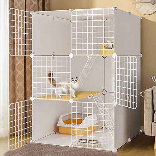 QJM Jaula Trampa para Gatos - Jaula para Gatos Recinto De Plástico De Paso Libre para Mascotas Jaula Dos Pisos Jaula Perro Grande Valla Metálica para Mascotas DIY 75x39x73cm