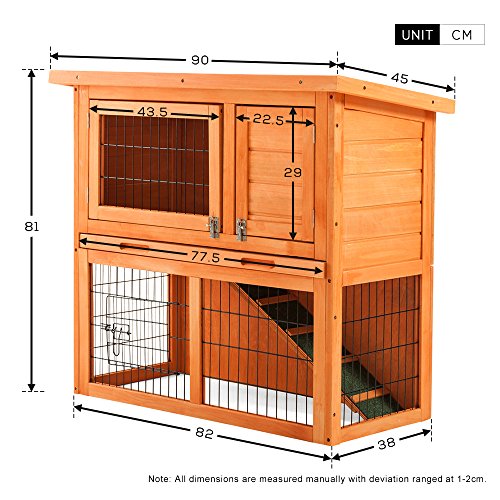 QWEPOI Conejera de madera de 2 pisos para mascotas, jardín, casa duplex, con techo inclinado resistente a la intemperie, rampa, bandeja, protección para botellas de agua, adecuada para interiores