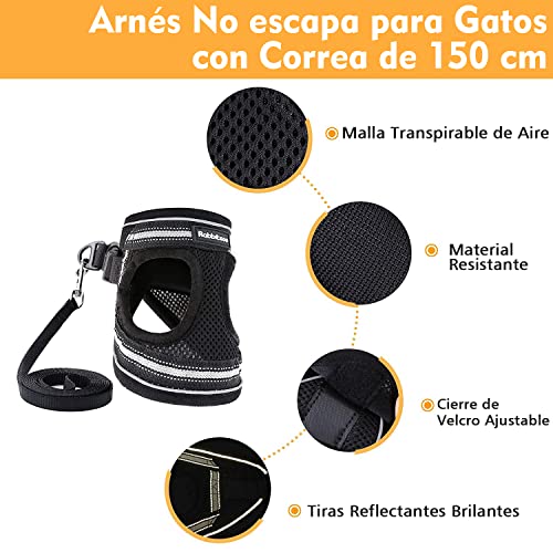 rabbitgoo Arnes Gatos y Correa 150cm Chaleco Ajustable Antitirones Reflectante Cómodo Correa Mágica para Fácil de Poner y Quitar para Paseo Diario Arnes para Perro Pequeño Conejos Gatos M Negro