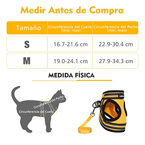 rabbitgoo Arnes Gatos y Correa 150cm Chaleco Ajustable Antitirones Reflectante Cómodo Correa Mágica para Fácil de Poner y Quitar para Paseo Diario Arnes para Perro Pequeño Conejos Gatos M Amarillo