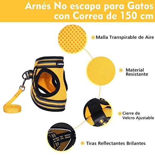 rabbitgoo Arnes Gatos y Correa 150cm Chaleco Ajustable Antitirones Reflectante Cómodo Correa Mágica para Fácil de Poner y Quitar para Paseo Diario Arnes para Perro Pequeño Conejos Gatos M Amarillo