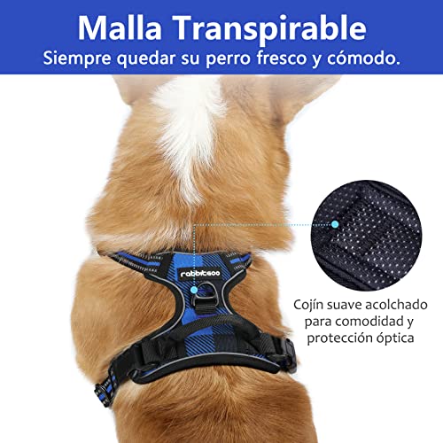 rabbitgoo Arnes Perro Grande Mediano Pequeño Arnés Pecho Antitirones Perros Coche con Lineas Reflectantes Cómodo Transpirable Chaleco Acolchado Ajustable para Adiesreamiento,Cudros Escoceses Azul M