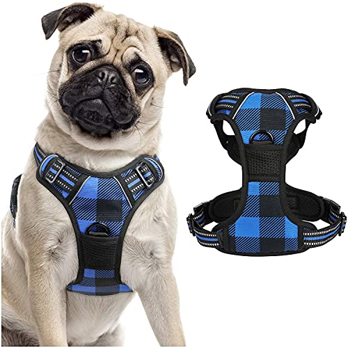 rabbitgoo Arnes Perro Grande Mediano Pequeño Arnés Pecho Antitirones Perros Coche con Lineas Reflectantes Cómodo Transpirable Chaleco Acolchado Ajustable para Adiesreamiento,Cudros Escoceses Azul M