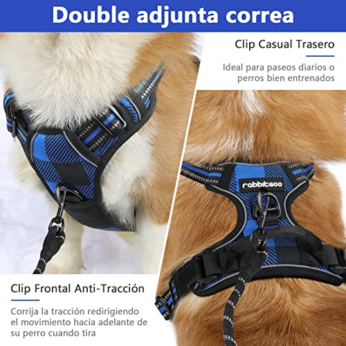 rabbitgoo Arnes Perro Grande Mediano Pequeño Arnés Pecho Antitirones Perros Coche con Lineas Reflectantes Cómodo Transpirable Chaleco Acolchado Ajustable para Adiesreamiento,Cudros Escoceses Azul XL