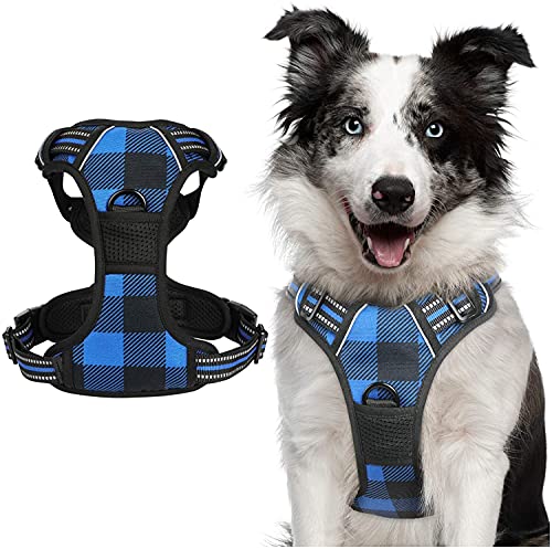 rabbitgoo Arnes Perro Grande Mediano Pequeño Arnés Pecho Antitirones Perros Coche con Lineas Reflectantes Cómodo Transpirable Chaleco Acolchado Ajustable para Adiesreamiento,Cudros Escoceses Azul XL