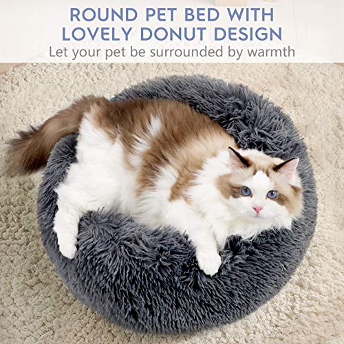 rabbitgoo Cama Gato Perro Antiestres, Cama para Gatos Relajante Cama de Gato con Felpa Suave, Cama Mascota para Dormir Mejor, Antideslizante, Lavable a Máquina (60x60cm, Gris Oscuro)