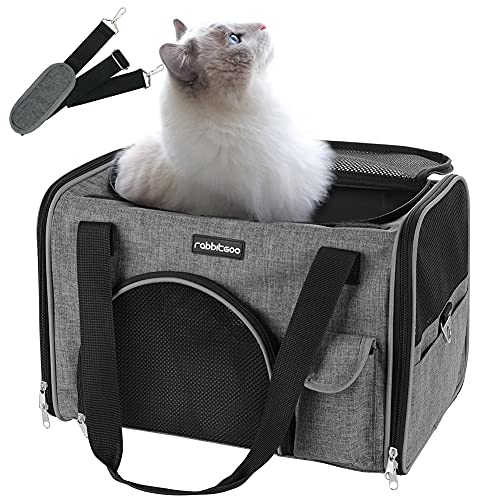 rabbitgoo Transportin Gato Perro Transportín Lavable Plegable Bolsa Transportin Transpirable con Colchón Suave Portador de Viaje con Correa de Hombro Ajustable 42x27x27cm Gris (Máximo 6kg)