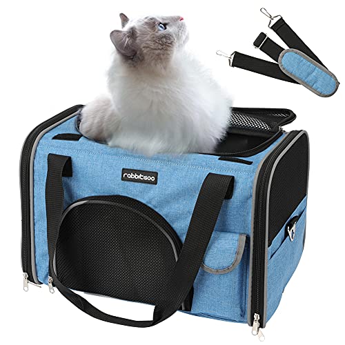 rabbitgoo Transportin Gato Perro Transportín Lavable Plegable Bolsa Transportin Transpirable con Colchón Suave Portador de Viaje con Correa de Hombro Ajustable 42x27x27cm Azul (Máximo 6kg)