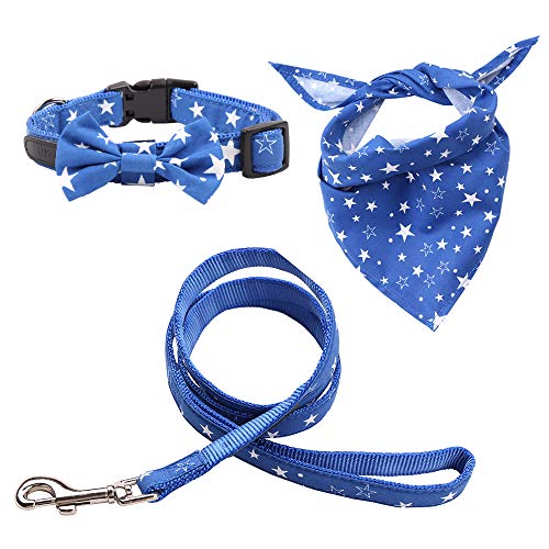 Rayzm Collar de Algodón/Correa y Pañuelo Set de 3PC para Perros Pequeños, Collar con Pajarita Extraíble, Bandana de Cuello Ajustable para Perros, Gatos y Mascotas（S）