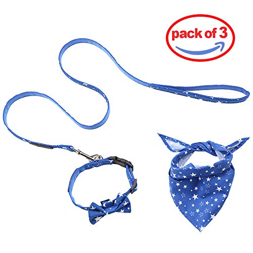 Rayzm Collar de Algodón/Correa y Pañuelo Set de 3PC para Perros Pequeños, Collar con Pajarita Extraíble, Bandana de Cuello Ajustable para Perros, Gatos y Mascotas（S）