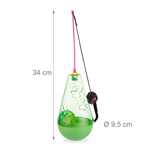 Relaxdays Juguete Gato con Ratón y Bola con Cascabel, Interactivo, Caña, Cat Toy, Plástico, 1 Ud, 34 x 9,5 cm, Verde