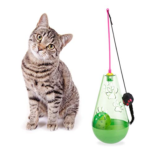 Relaxdays Juguete Gato con Ratón y Bola con Cascabel, Interactivo, Caña, Cat Toy, Plástico, 1 Ud, 34 x 9,5 cm, Verde