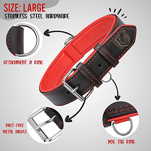 Riparo Collar de perro acolchado de cuero genuino Collar de mascota ajustable K-9 fuerte (L: 3,8cm de ancho para cuello de 45,7cm - 53,3cm, Hilo Negro/Rojo)