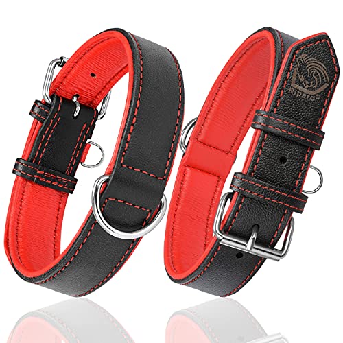 Riparo Collar de perro acolchado de cuero genuino Collar de mascota ajustable K-9 fuerte (L: 3,8cm de ancho para cuello de 45,7cm - 53,3cm, Hilo Negro/Rojo)