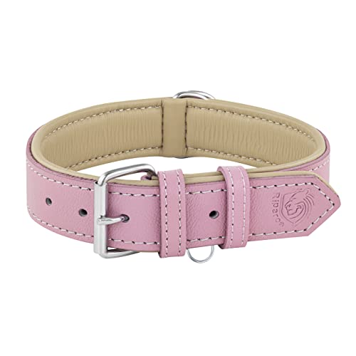 Riparo Collar de perro acolchado de cuero genuino Collar de mascota ajustable K-9 fuerte (L: 3,8cm de ancho para cuello de 45,7cm - 53,3cm, Rosa)