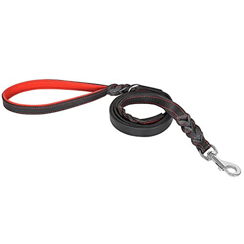 Riparo correa de cuero trenzado de perro con 2 asas, acolchado de tráfico de la manija, la formación de perros correas de paseo para perros medianos y grandes (Hilo Negro/Rojo, L: 1,9 cm x 1,8 m)