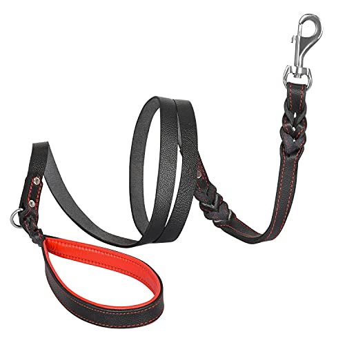 Riparo correa de cuero trenzado de perro con 2 asas, acolchado de tráfico de la manija, la formación de perros correas de paseo para perros medianos y grandes (Hilo Negro/Rojo, L: 1,9 cm x 1,8 m)