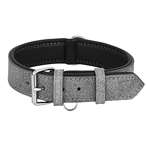 Riparo K-9 - Collar de perro acolchado, cuero auténtico, ajustable, duradero (XXL: 5 cm de ancho para cuello de 66 cm a 78 cm, hilo gris/blanco)