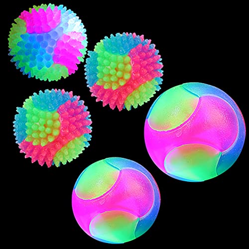 Rolin Roly Bolas Durables del Perro de la Masticación Pelotas de Juguet de Goma Luminosas del Animal Doméstico Juguetes de la Limpieza de Los Dientes para Perrito Dog Ball (2PK Smooth+2PK Spiky Ball)