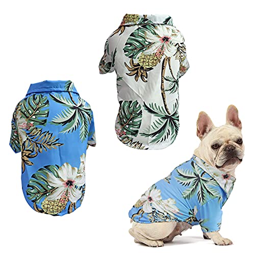 RoxNvm Camiseta de Verano para Perros, Camisas de Perro Hawaiano, Playera para Perros Estilo Resort de Playa, Ropa de Perro Transpirable de Moda para Cachorros, 2 Piezas, Azul y Blanco (Grande)