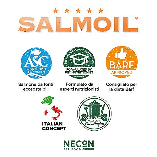 SALMOIL by NECON PET FOOD Receta 2, alimento complementario / alimento para perros y gatos a base de aceite de salmón noruego y krill 950ml, rico en vitamina E, Omega3, sin conservantes, Made in Italy