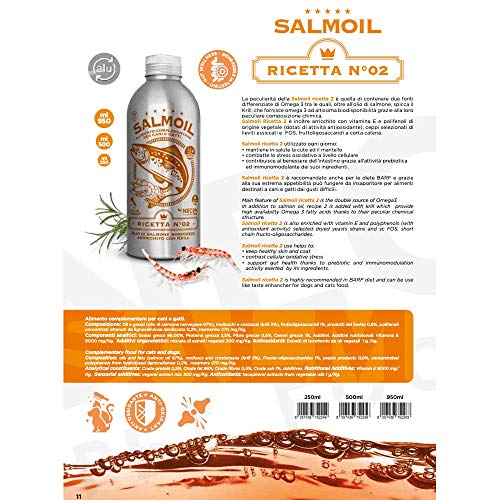 SALMOIL by NECON Pet Food Receta 2, alimento complementario/alimento para Perros y Gatos a Base de Aceite de salmón Noruego y Krill 2x500ml, Rico en Vitamina E Omega3 sin conservantes, Made in Italy