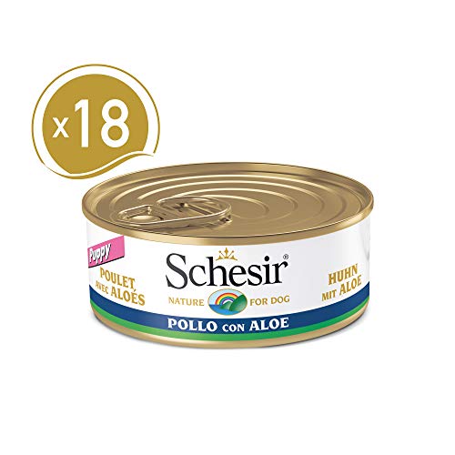 Schesir, Comida húmeda para Cachorros, Sabor filetes de Pollo con áloe en gelatina Blanda - Total 2,7 kg (18 latas x 150 gr)