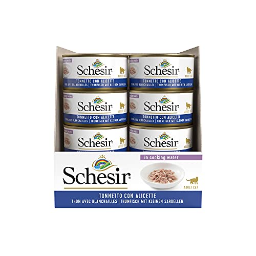 Schesir, Comida húmeda para Gatos Adultos, Sabor bacoreta con anchoas en gelatina Blanda - Total 2 kg (24 latas monodosis x 85 gr)