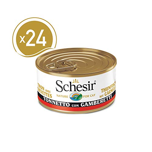 Schesir, Comida húmeda para Gatos Adultos, Sabor bacoreta con camarones en filetes y gelatina Blanda - Total 2 kg (24 latas monodosis x 85 gr)