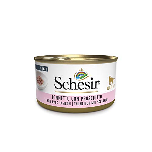 Schesir, Comida húmeda para Gatos Adultos, Sabor bacoreta con jamón en gelatina Blanda - Total 2 kg (24 latas monodosis 85 gr)