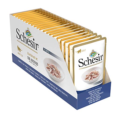 Schesir, Comida Húmeda para Gatos Adultos, Sabor bacoreta con lubina en gelatina Blanda - Total 1,7 kg (20 Sobres x 85 gr)