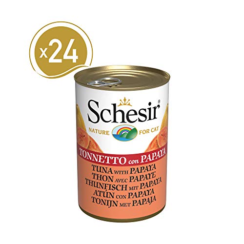 Schesir, Comida húmeda para Gatos Adultos, Sabor bacoreta con Papaya en gelatina Blanda - Total 3,36 kg (24 latas x 140 gr)