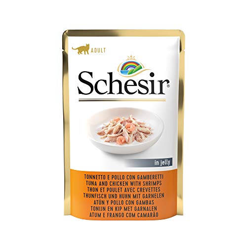 Schesir, Comida Húmeda para Gatos Adultos, Sabor bacoreta y Pollo con camarones en gelatina Blanda - Total 1,7 kg (20 Sobres x 85 gr)