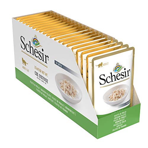 Schesir, Comida Húmeda para Gatos Adultos, Sabor filetes de Pollo en gelatina Blanda - Total 1,7 kg (20 Sobres x 85 gr)