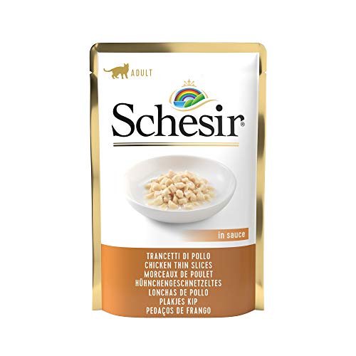 Schesir, Comida Húmeda para Gatos Adultos, Sabor Tiras de Pollo en Salsa Natural - Total 1,7 kg (20 Sobres x 85 gr)